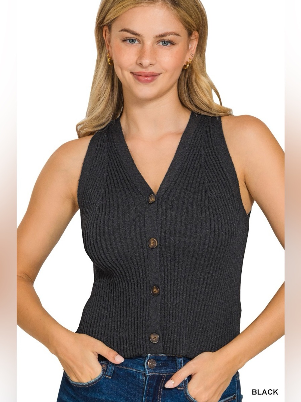 Zenana Ribbed Knit Button-Down Sweater Vest